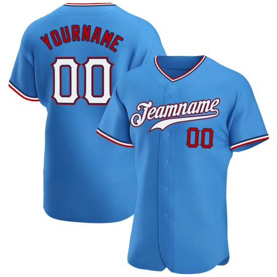 Benutzerdefiniertes authentisches Baseball-Trikot in Puderblau, Weiß und Rot Benutzerdefiniertes authentisches Baseball-Trikot in Puderblau, Weiß und Rot