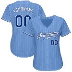 Benutzerdefiniertes hellblau-weißes Nadelstreifen-Baseballtrikot in Royal-Weiß Benutzerdefiniertes hellblau-weißes Nadelstreifen-Baseballtrikot in Royal-Weiß