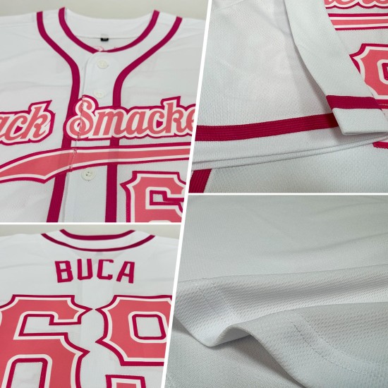 Benutzerdefiniertes authentisches Baseball-Trikot in Weiß und Mittelpink Benutzerdefiniertes authentisches Baseball-Trikot in Weiß und Mittelpink