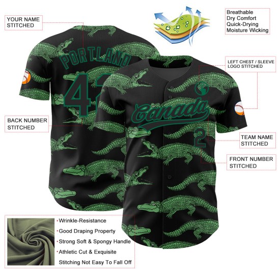 Authentische 3D Custom Jersey Schwarz Design Krokodil Muster Grün Kelly Baseball Authentische 3D Custom Jersey Schwarz Design Krokodil Muster Grün Kelly Baseball