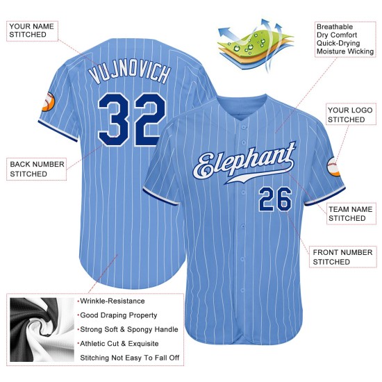 Benutzerdefiniertes hellblau-weißes Nadelstreifen-Baseballtrikot in Royal-Weiß Benutzerdefiniertes hellblau-weißes Nadelstreifen-Baseballtrikot in Royal-Weiß