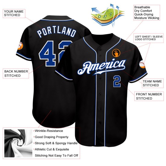 Benutzerdefiniertes authentisches Baseball-Trikot in Schwarz-Royal-Weiß Benutzerdefiniertes authentisches Baseball-Trikot in Schwarz-Royal-Weiß