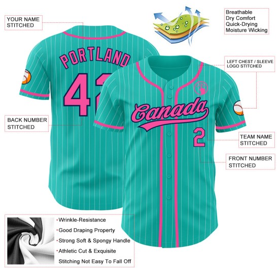 Benutzerdefinierte Aqua Weiß Nadelstreifen Pink-Navy Authentic Baseball Jersey Benutzerdefinierte Aqua Weiß Nadelstreifen Pink-Navy Authentic Baseball Jersey