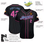 Benutzerdefiniertes schwarzes hellblaues Nadelstreifen-pink-hellblaues authentisches Baseball-Trikot Benutzerdefiniertes schwarzes hellblaues Nadelstreifen-pink-hellblaues authentisches Baseball-Trikot