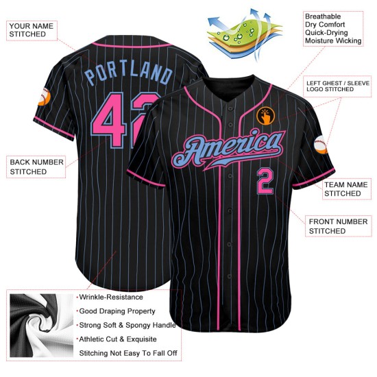 Benutzerdefiniertes schwarzes hellblaues Nadelstreifen-pink-hellblaues authentisches Baseball-Trikot Benutzerdefiniertes schwarzes hellblaues Nadelstreifen-pink-hellblaues authentisches Baseball-Trikot