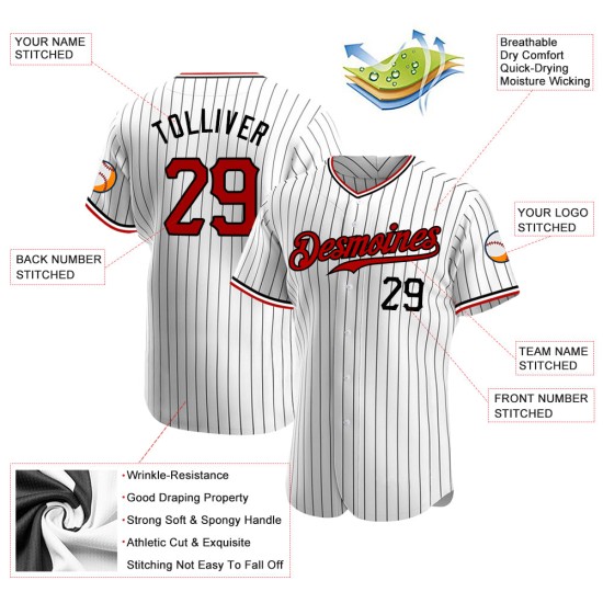 Benutzerdefiniertes weißes schwarzes Nadelstreifen-rot-schwarzes authentisches Baseball-Trikot Benutzerdefiniertes weißes schwarzes Nadelstreifen-rot-schwarzes authentisches Baseball-Trikot