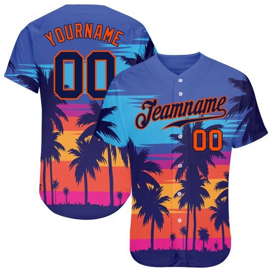 Benutzerdefinierte Royal Navy-Orange 3D Muster Design Palmen Authentische Baseball Jersey Benutzerdefinierte Royal Navy-Orange 3D Muster Design Palmen Authentische Baseball Jersey
