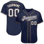 Benutzerdefiniertes authentisches Baseball-Trikot in Marineblau, Weiß und Altgold mit Nadelstreifen Benutzerdefiniertes authentisches Baseball-Trikot in Marineblau, Weiß und Altgold mit Nadelstreifen