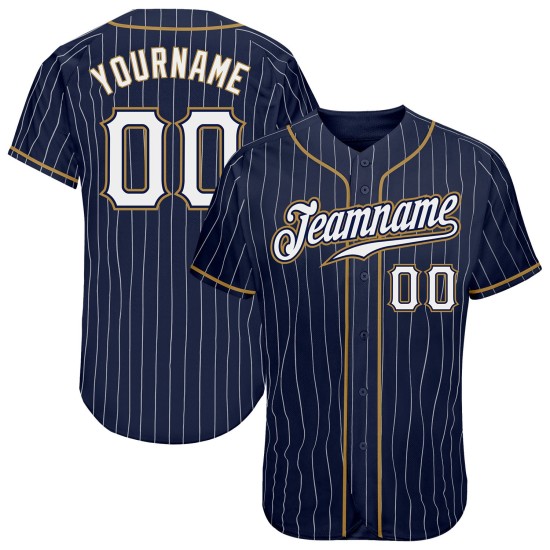 Benutzerdefiniertes authentisches Baseball-Trikot in Marineblau, Weiß und Altgold mit Nadelstreifen Benutzerdefiniertes authentisches Baseball-Trikot in Marineblau, Weiß und Altgold mit Nadelstreifen