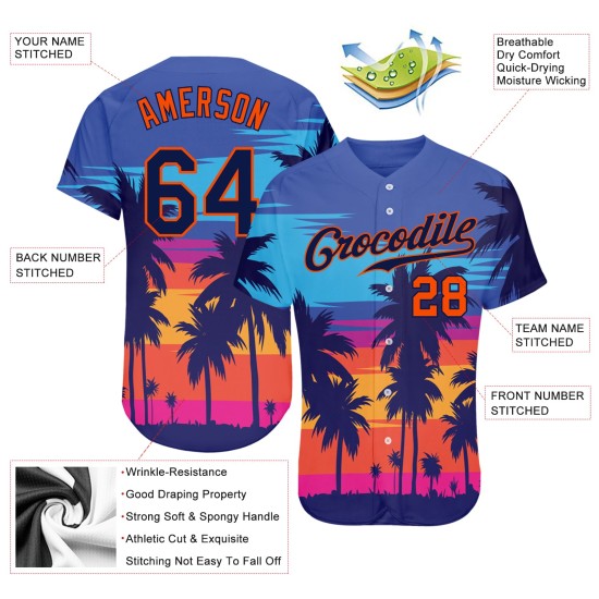 Benutzerdefinierte Royal Navy-Orange 3D Muster Design Palmen Authentische Baseball Jersey Benutzerdefinierte Royal Navy-Orange 3D Muster Design Palmen Authentische Baseball Jersey