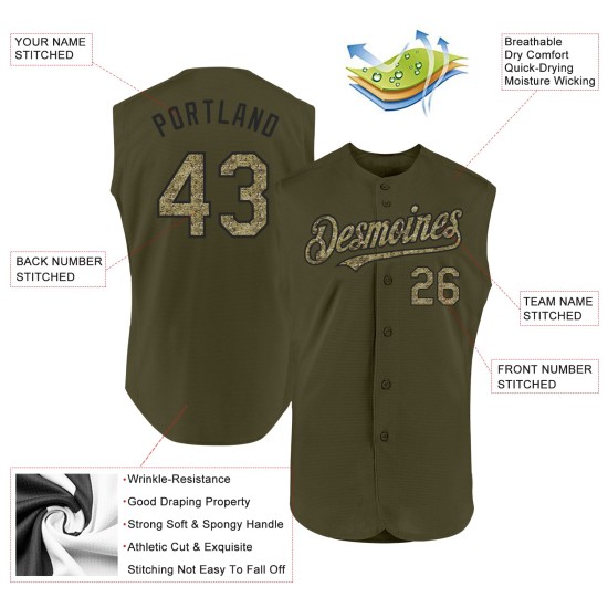 Salute Olive Service für authentisches, maßgefertigtes, ärmelloses Baseball-Trikot in Camo-Schwarz Salute Olive Service für authentisches, maßgefertigtes, ärmelloses Baseball-Trikot in Camo-Schwarz