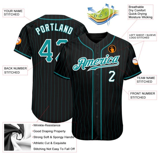 Benutzerdefiniertes authentisches Baseball-Trikot in Schwarz, Aqua, Nadelstreifen, Blaugrün und Weiß Benutzerdefiniertes authentisches Baseball-Trikot in Schwarz, Aqua, Nadelstreifen, Blaugrün und Weiß