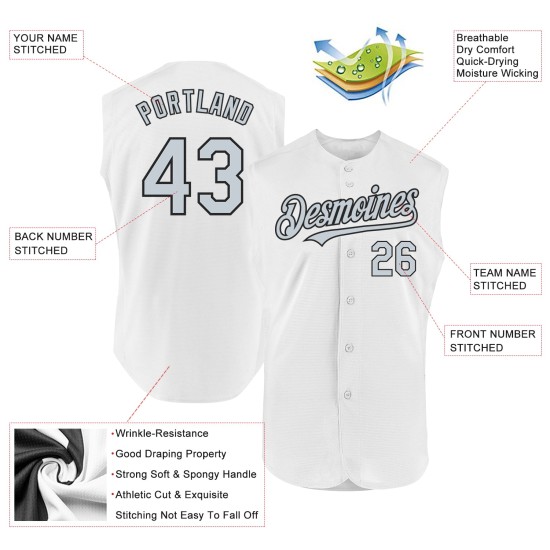 Authentisches weißes Baseball-Trikot in Silber-Schwarz, ärmellos, individuell Authentisches weißes Baseball-Trikot in Silber-Schwarz, ärmellos, individuell