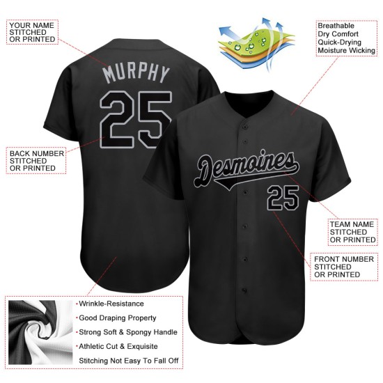 Benutzerdefiniertes schwarzes und graues authentisches Baseball-Trikot Benutzerdefiniertes schwarzes und graues authentisches Baseball-Trikot